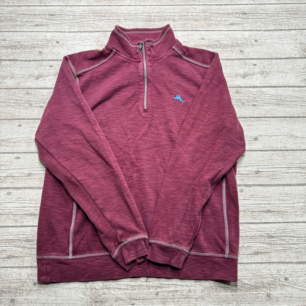Tommy Bahama Sweater Mens Large Burgundy Quarter Zip Heathered Mockneck Pullover